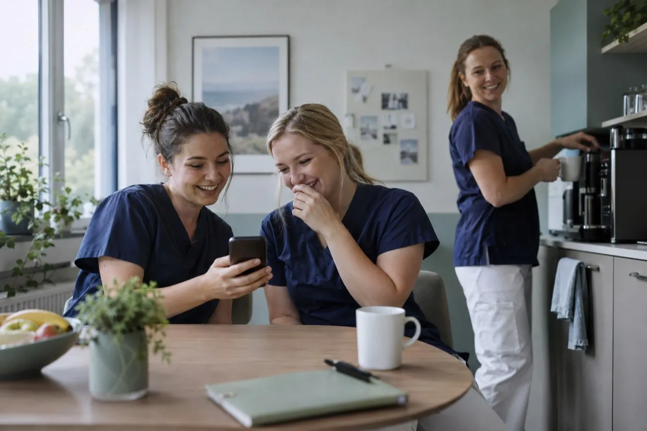 Zwei Assistentinnen schauen im Pausenraum gemeinsam aufs Handy