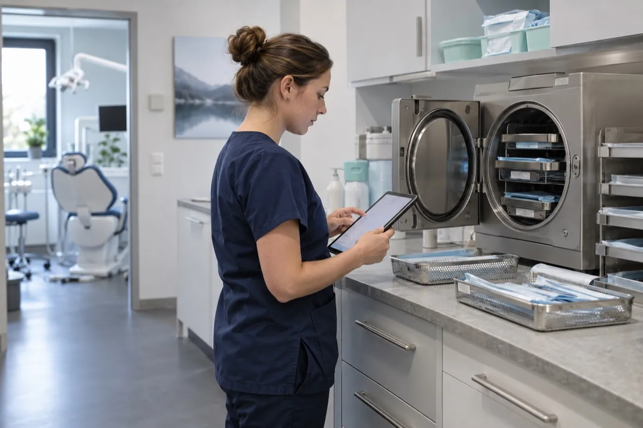 Assistentin hakt im Sterilisationsraum eine Hygiene-Checkliste auf dem Tablet ab