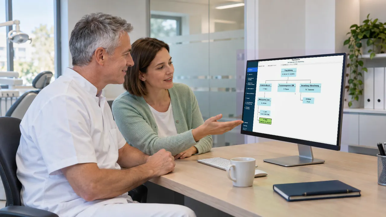 Zahnarzt und Praxismanagerin gehen am Bildschirm das Organigramm im Dentalmanager durch